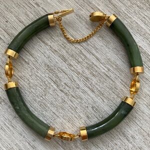 Vintage Chinese Bar Jadeite Green and Gold Bracelet.